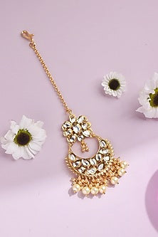 Gold Finish Kundan Polki & Pearl Chandbali Maang Tikka