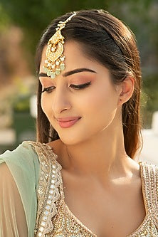 Gold Finish Kundan Polki & Green Jade Stone Maang Tikka