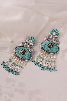 Two-Tone Finish Turquoise Semi-Precious Stone & Pearl Dangler Earrings