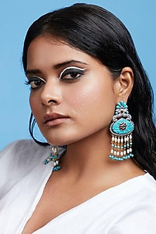 Two-Tone Finish Turquoise Semi-Precious Stone & Pearl Dangler Earrings