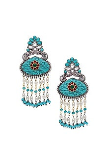 Two-Tone Finish Turquoise Semi-Precious Stone & Pearl Dangler Earrings