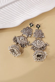 Two-Tone Finish Emerald Stone & Pearl Jhumka Earrings