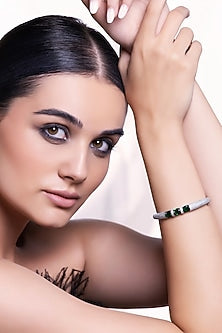 White Rhodium Finish Cubic Zirconia & Emerald Stone Kada Bracelet