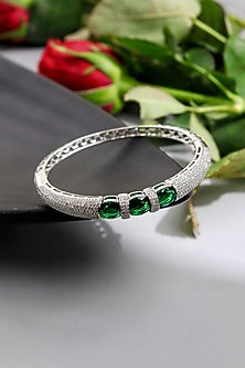 White Rhodium Finish Cubic Zirconia & Emerald Stone Kada Bracelet