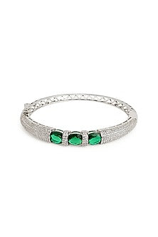 White Rhodium Finish Cubic Zirconia & Emerald Stone Kada Bracelet