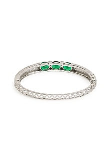 White Rhodium Finish Cubic Zirconia & Emerald Stone Kada Bracelet