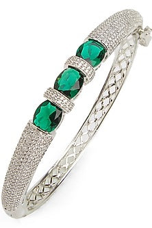 White Rhodium Finish Cubic Zirconia & Emerald Stone Kada Bracelet