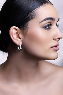 White Rhodium Finish Emerald Stone & Cubic Zirconia Hoop Earrings