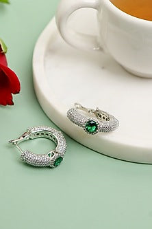 White Rhodium Finish Emerald Stone & Cubic Zirconia Hoop Earrings