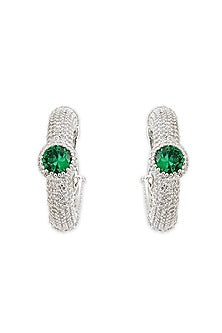 White Rhodium Finish Emerald Stone & Cubic Zirconia Hoop Earrings