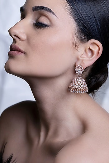 Rose Gold Finish Cubic Zirconia Jhumka Earrings