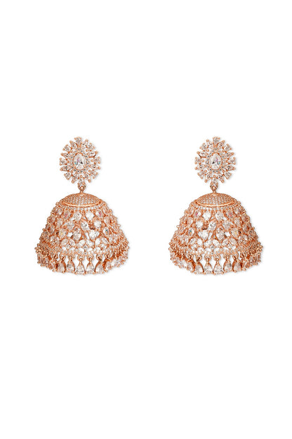 Rose Gold Finish Cubic Zirconia Jhumka Earrings
