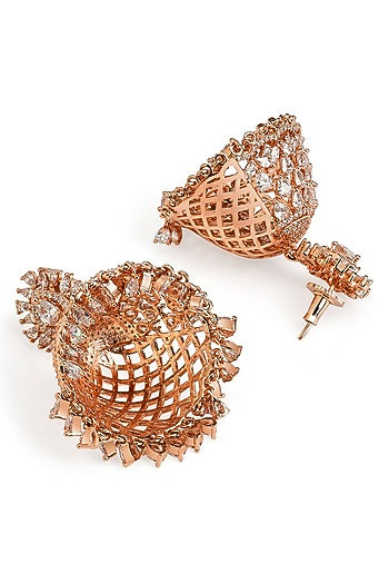 Rose Gold Finish Cubic Zirconia Jhumka Earrings