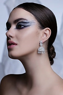 White Rhodium Finish Cubic Zirconia Jhumka Earrings