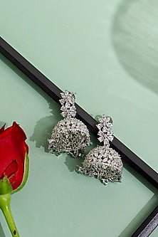 White Rhodium Finish Cubic Zirconia Jhumka Earrings