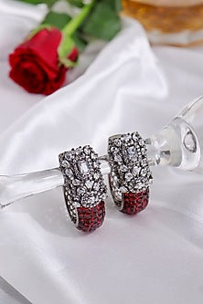 Black Rhodium Finish Cubic Zirconia & Crimson Red Stone Hoop Earrings