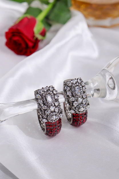 Black Rhodium Finish Cubic Zirconia & Crimson Red Stone Hoop Earrings