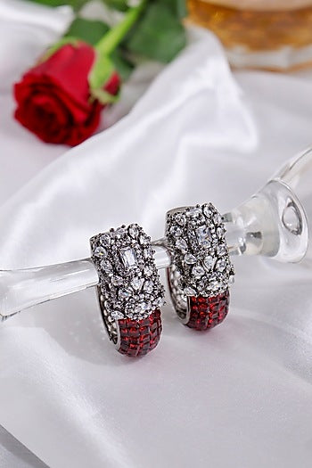 Black Rhodium Finish Cubic Zirconia & Crimson Red Stone Hoop Earrings