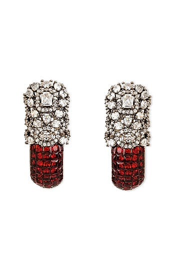 Black Rhodium Finish Cubic Zirconia & Crimson Red Stone Hoop Earrings