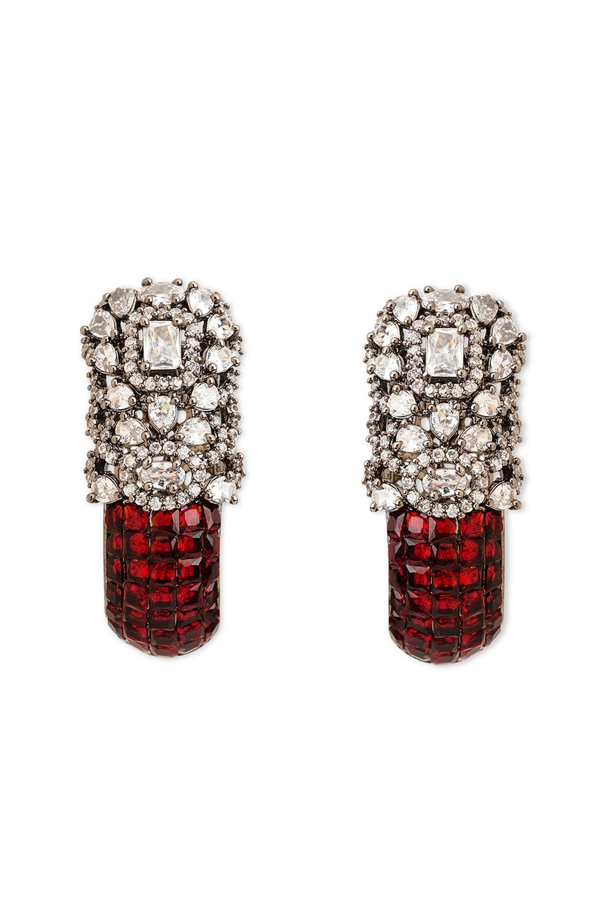 Black Rhodium Finish Cubic Zirconia & Crimson Red Stone Hoop Earrings