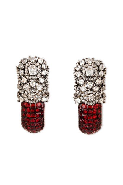 Black Rhodium Finish Cubic Zirconia & Crimson Red Stone Hoop Earrings