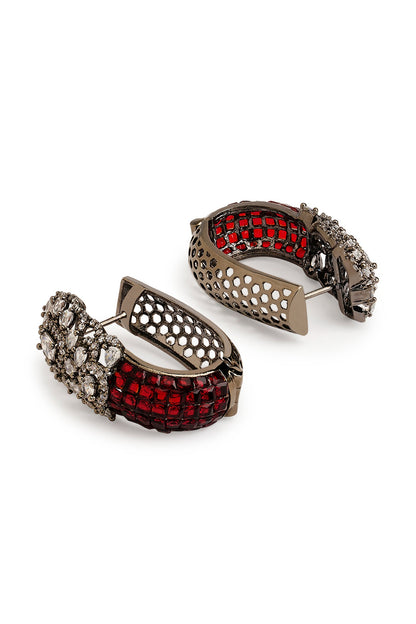 Black Rhodium Finish Cubic Zirconia & Crimson Red Stone Hoop Earrings