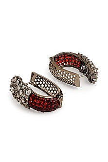 Black Rhodium Finish Cubic Zirconia & Crimson Red Stone Hoop Earrings