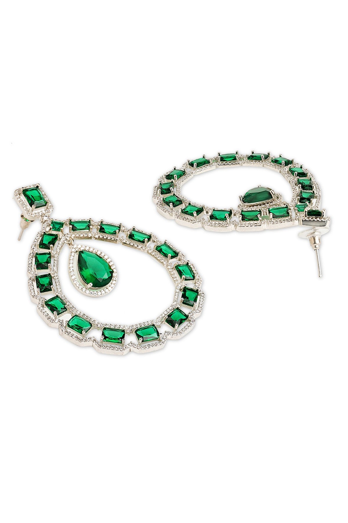 White Rhodium Finish Green Cubic Zirconia Dangler Earrings