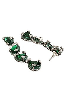 Black Rhodium Finish Emerald Green Drop & Cubic Zirconia Dangler Earrings
