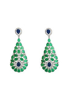 White Rhodium Finish Carved Emerald Green Cubic Zirconia Dangler Earrings