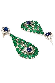 White Rhodium Finish Carved Emerald Green Cubic Zirconia Dangler Earrings