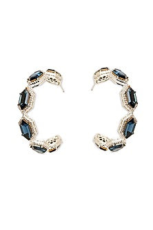 White Rhodium Finish Cubic Zirconia & Azure Blue Crystal Hoop Earrings