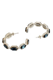White Rhodium Finish Cubic Zirconia & Azure Blue Crystal Hoop Earrings
