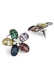 Black Rhodium Finish Cubic Zirconia Floral Stud Earrings
