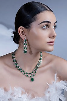 White Rhodium Finish Emerald & Cubic Zirconia Necklace Set