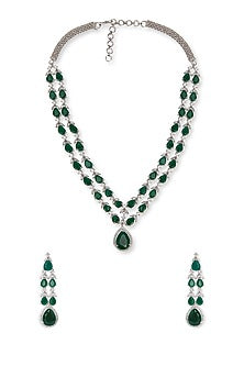 White Rhodium Finish Emerald & Cubic Zirconia Necklace Set
