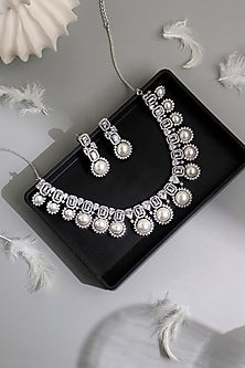 White Rhodium Finish Pearl & Cubic Zirconia Necklace Set