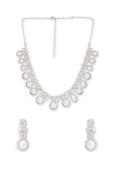 White Rhodium Finish Pearl & Cubic Zirconia Necklace Set