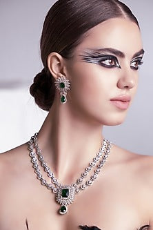 White Rhodium Finish Emerald & Cubic Zirconia Necklace Set