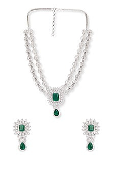 White Rhodium Finish Emerald & Cubic Zirconia Necklace Set