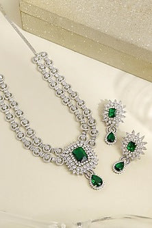 White Rhodium Finish Emerald & Cubic Zirconia Necklace Set