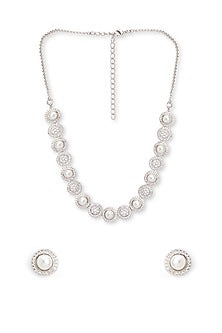 White Rhodium Finish Pearl & Cubic Zirconia Necklace Set