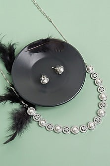 White Rhodium Finish Pearl & Cubic Zirconia Necklace Set