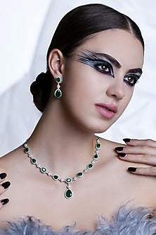 White Rhodium Finish Emerald & Cubic Zirconia Necklace Set