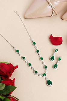 White Rhodium Finish Emerald & Cubic Zirconia Necklace Set