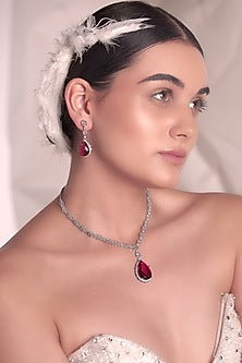 White Rhodium Finish Garnet & Cubic Zirconia Necklace Set