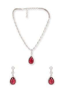White Rhodium Finish Garnet & Cubic Zirconia Necklace Set