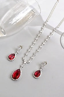 White Rhodium Finish Garnet & Cubic Zirconia Necklace Set