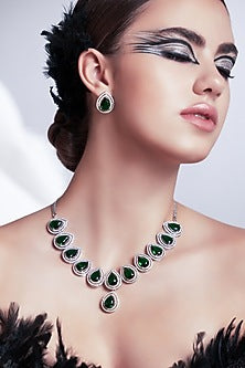 White Rhodium Finish Green Cubic Zirconia Necklace Set