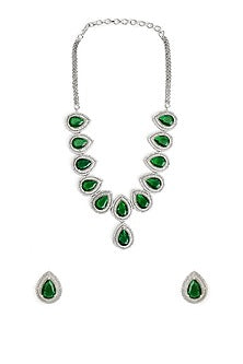 White Rhodium Finish Green Cubic Zirconia Necklace Set